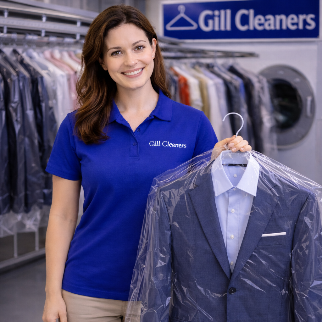 Employee holding freshly dry cleaned suit at Gill Cleaners in Canton, Michigan