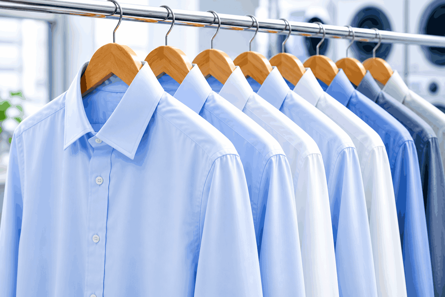 Freshly pressed dress shirts hanging on hangers for professional shirt laundry service in Canton, MI.