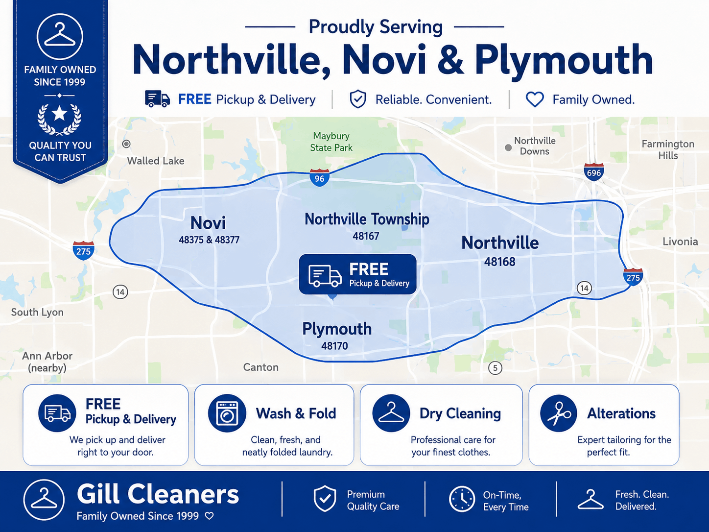 Gill Cleaners Northville service area map with Monday and Thursday pickup