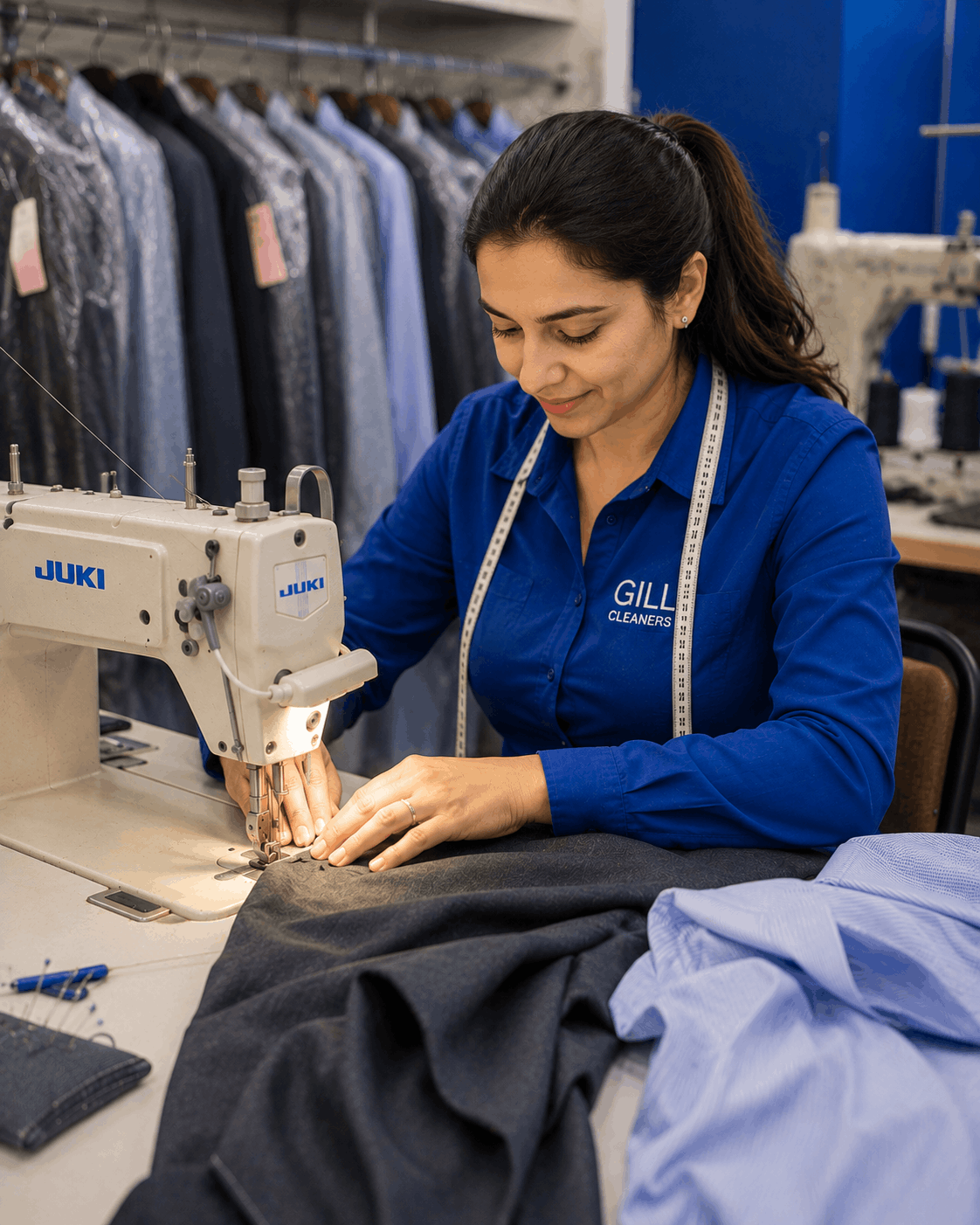 Tailor hemming pants at Gill Cleaners in Canton, MI